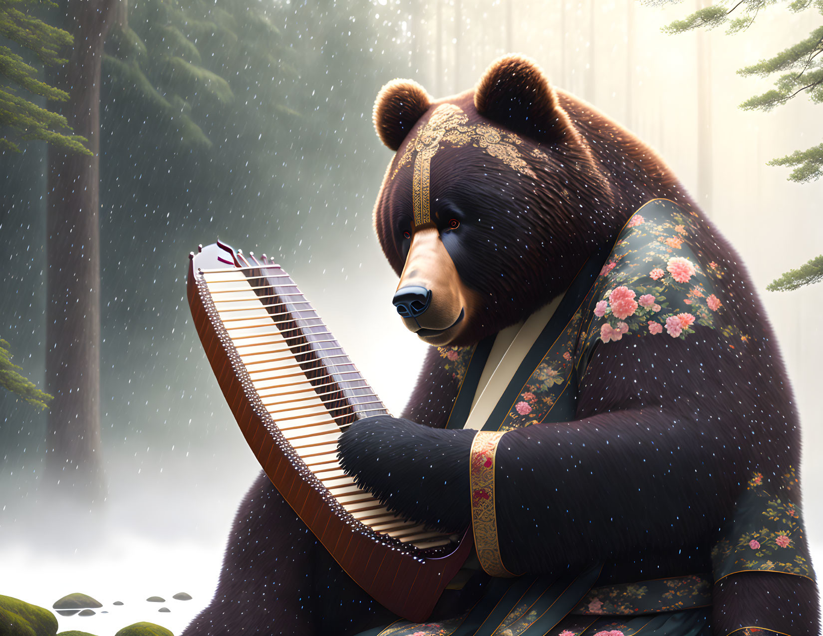 Anthropomorphic bear in Japanese attire playing koto in snowy forest