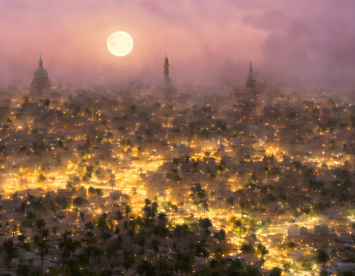 Twilight cityscape with glowing lights, mist, full moon, domed buildings, spires