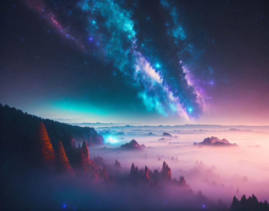 Starry night sky over misty mountains and forest silhouette