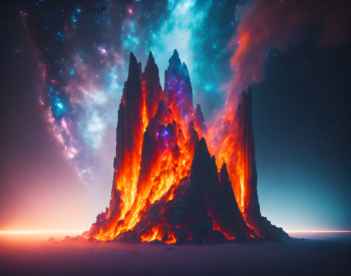 Surreal landscape with lava-illuminated spires under starry sky