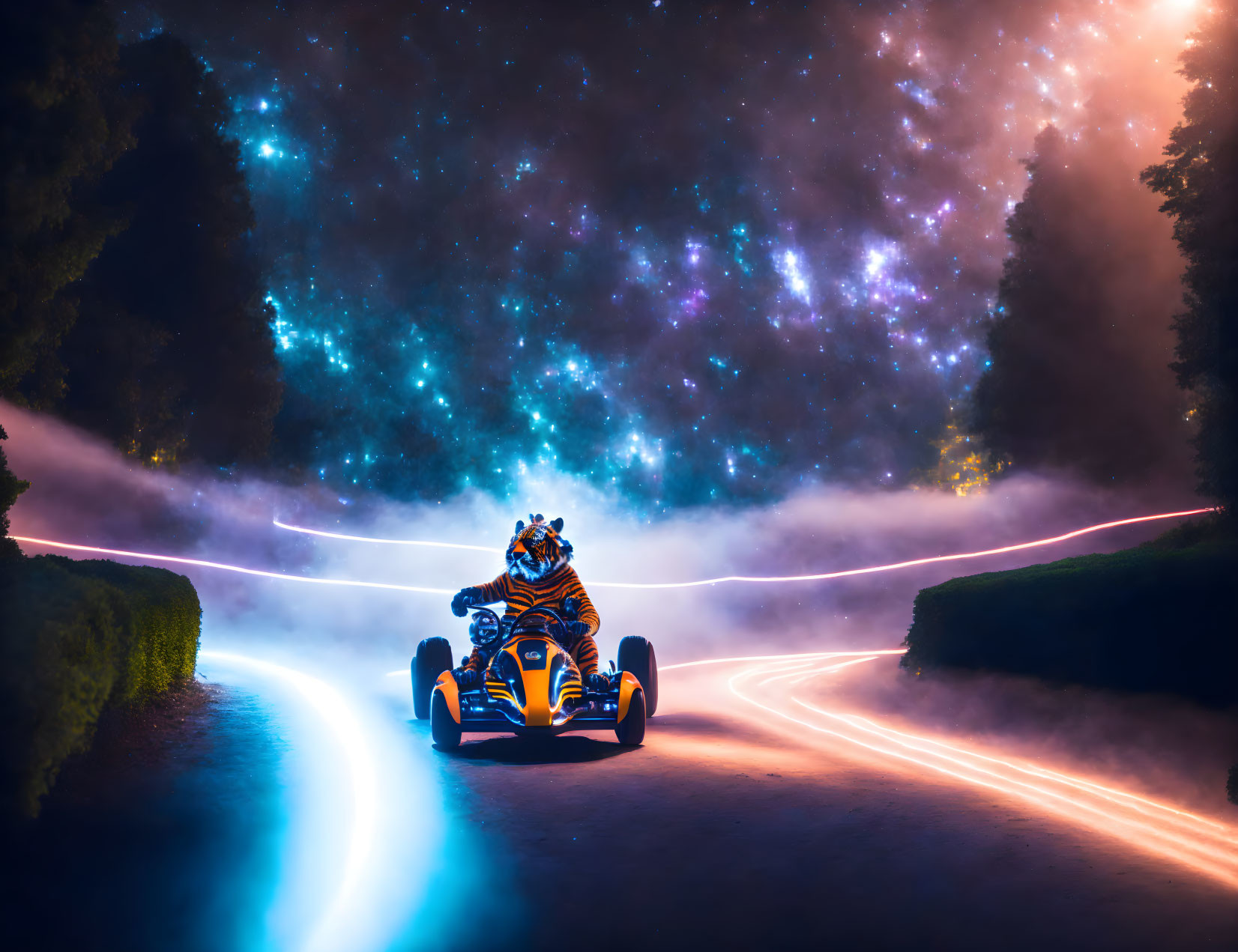 Glowing-wheeled go-kart races on night track