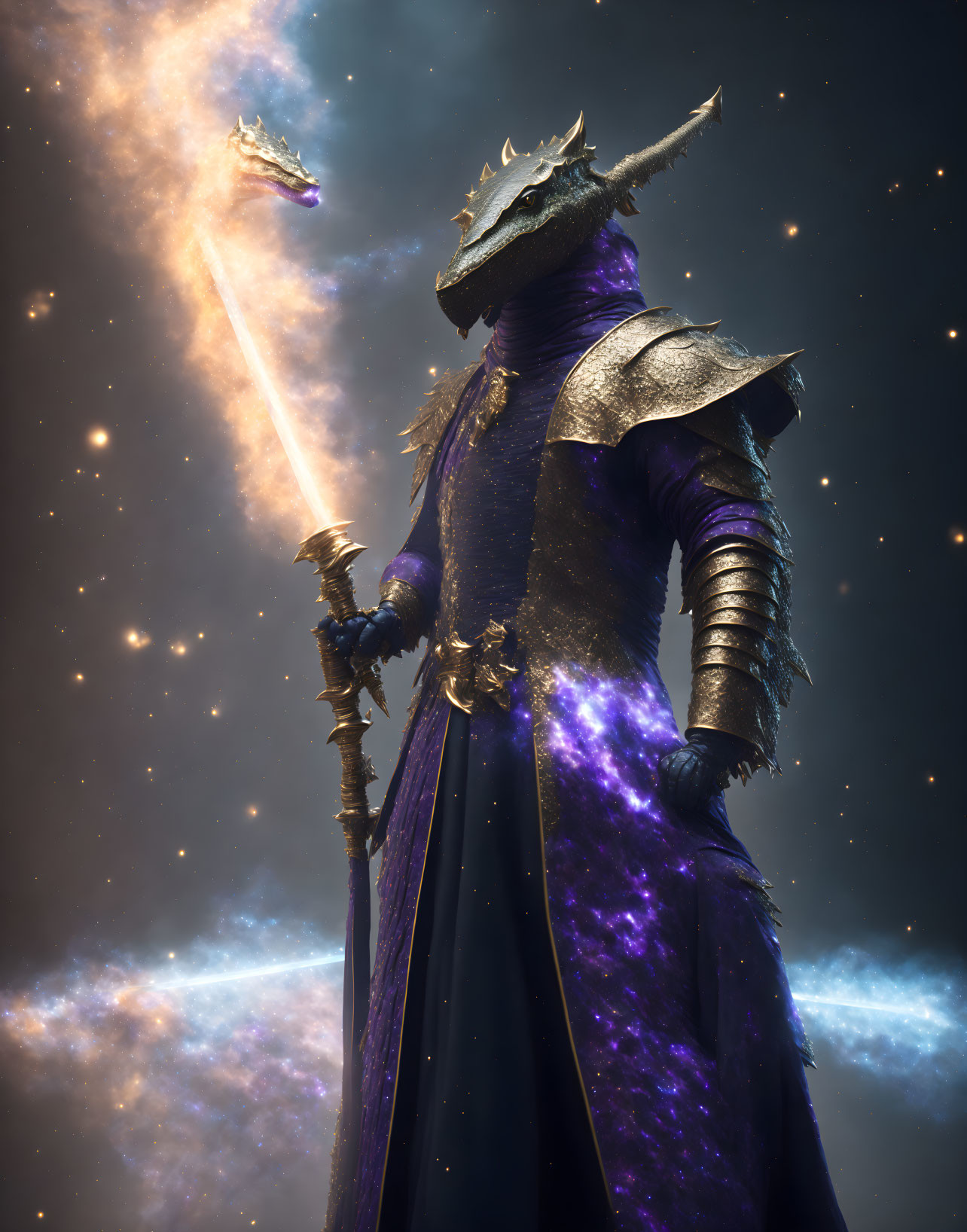 Regal armored dragon wields glowing sword in cosmic setting