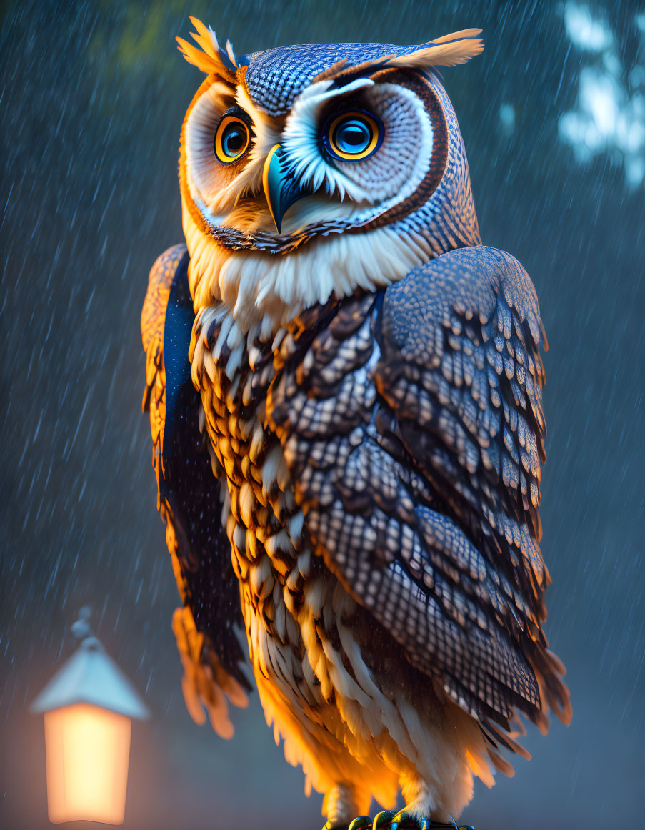 Detailed anthropomorphic owl illustration with lantern in rain