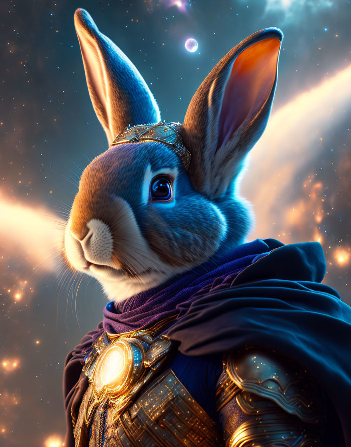 Fantasy style rabbit in ornate armor against cosmic backdrop