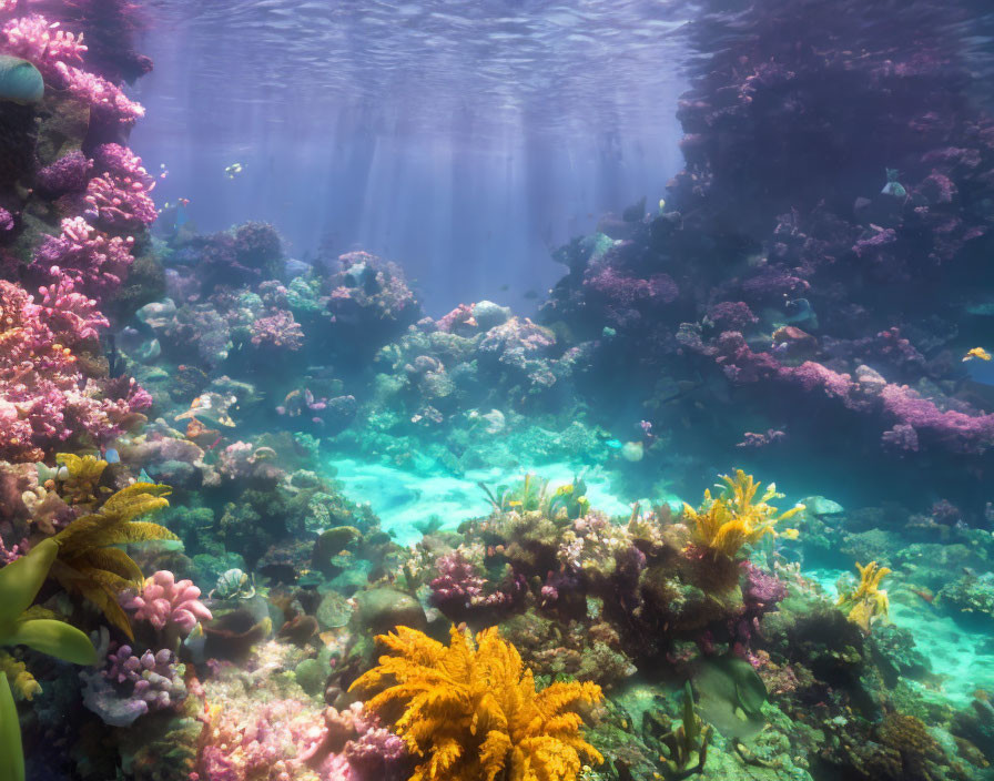 Vibrant Coral Reef Teeming with Marine Life Under Sunlight