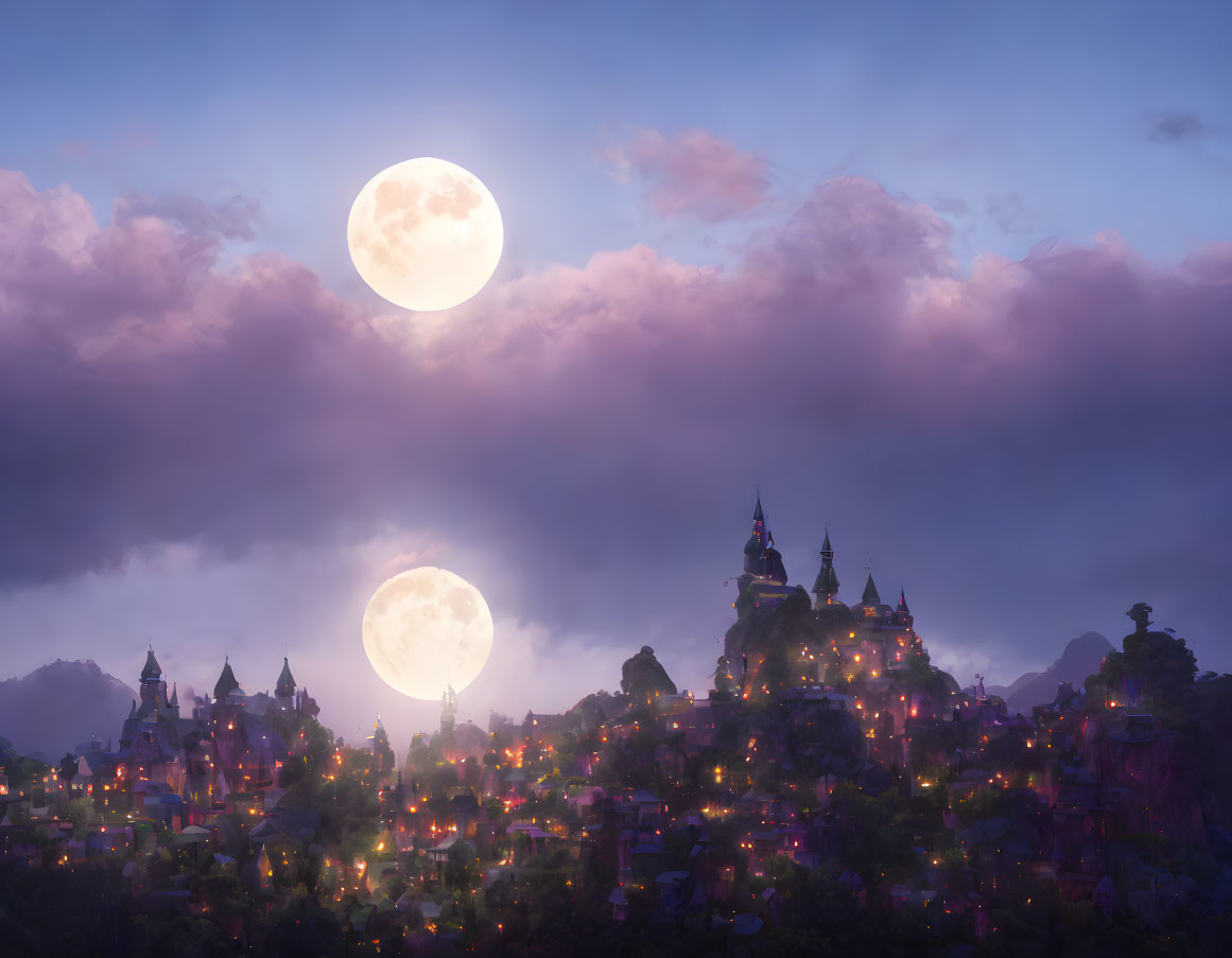 Fantasy castle under full moon in whimsical nightscape