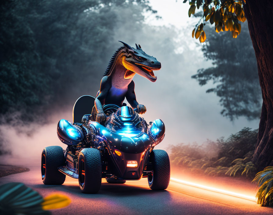 Dinosaur on futuristic motorcycle in misty forest at twilight