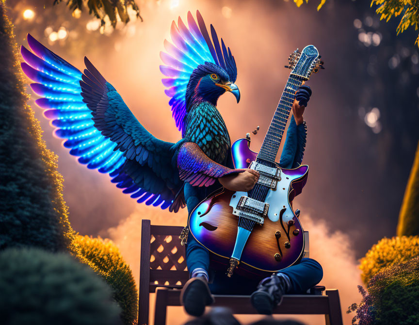 Colorful digital artwork: Anthropomorphic eagle playing guitar in dreamlike sunset