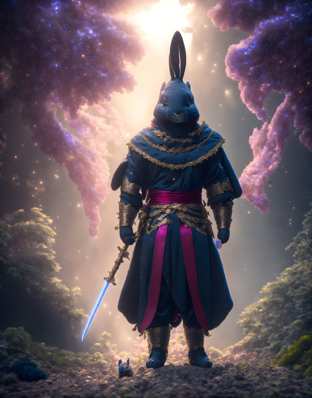 Regal armor-clad rabbit wields sword in cosmic setting