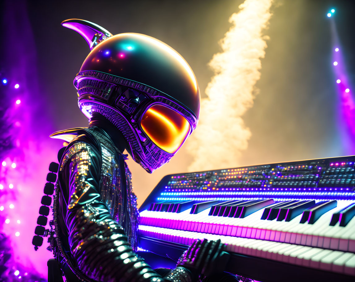 Futuristic DJ in Reflective Helmet Performs with Neon Lights