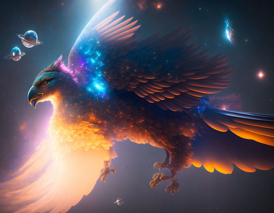 Majestic cosmic eagle soaring through space with star-filled feathers