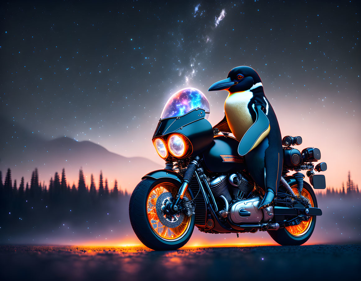 Penguin in space helmet on glowing motorcycle under starry sky