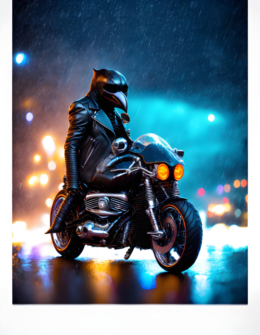 Motorcyclist in black helmet and leather outfit on bike at night with city lights and rain.