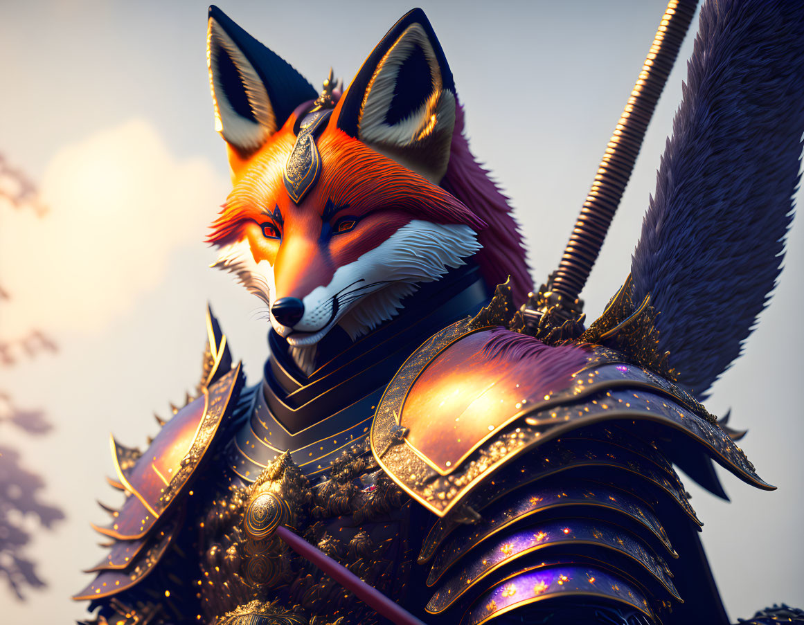 Fantasy-style armor clad fox warrior with sword in regal pose