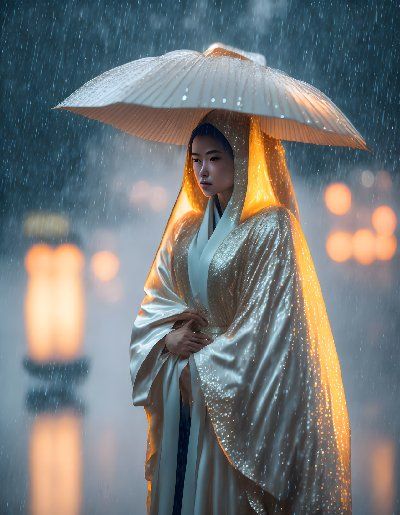 Traditional Asian attire person with umbrella in rain and lanterns.