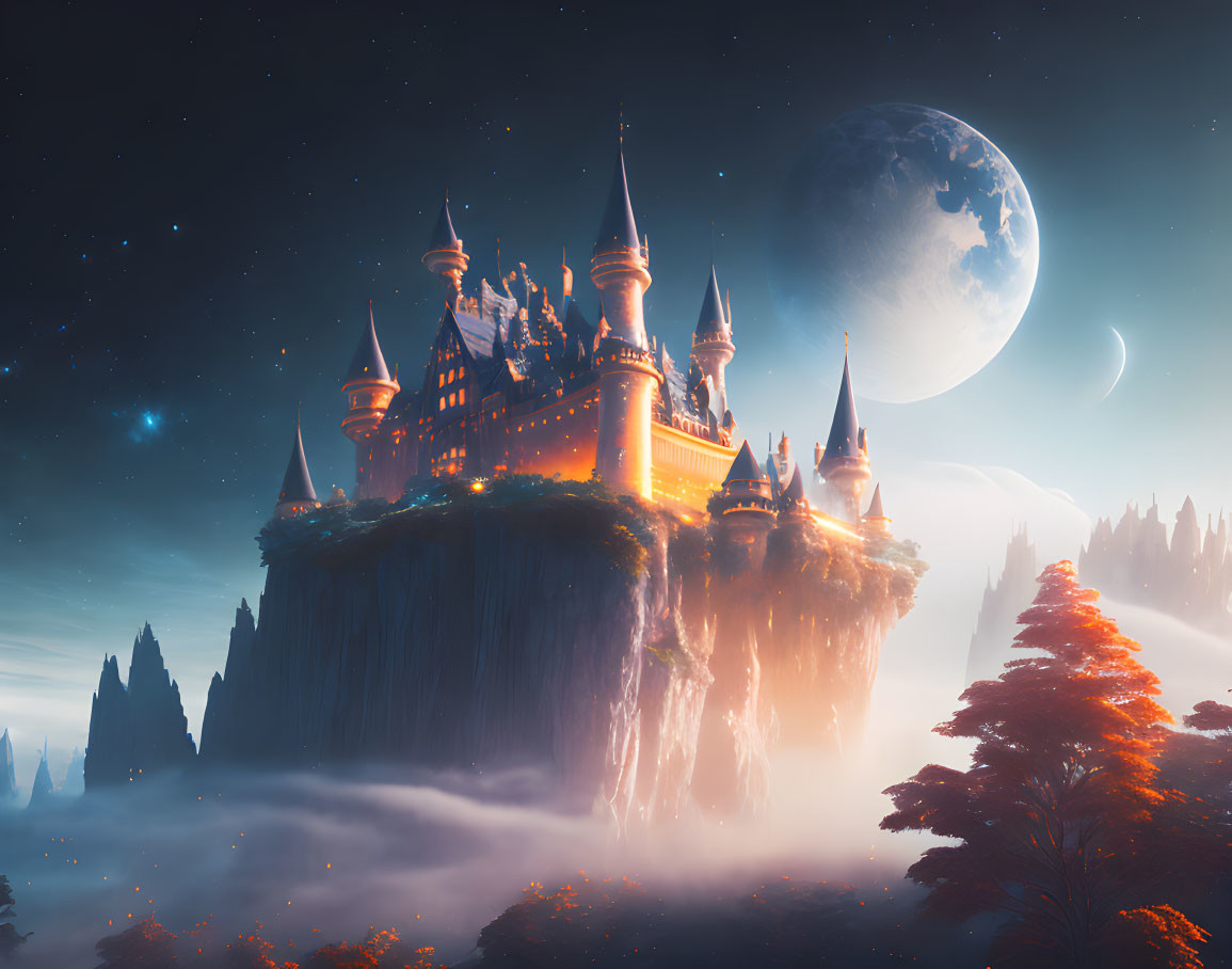 Fantasy castle on floating island under night sky