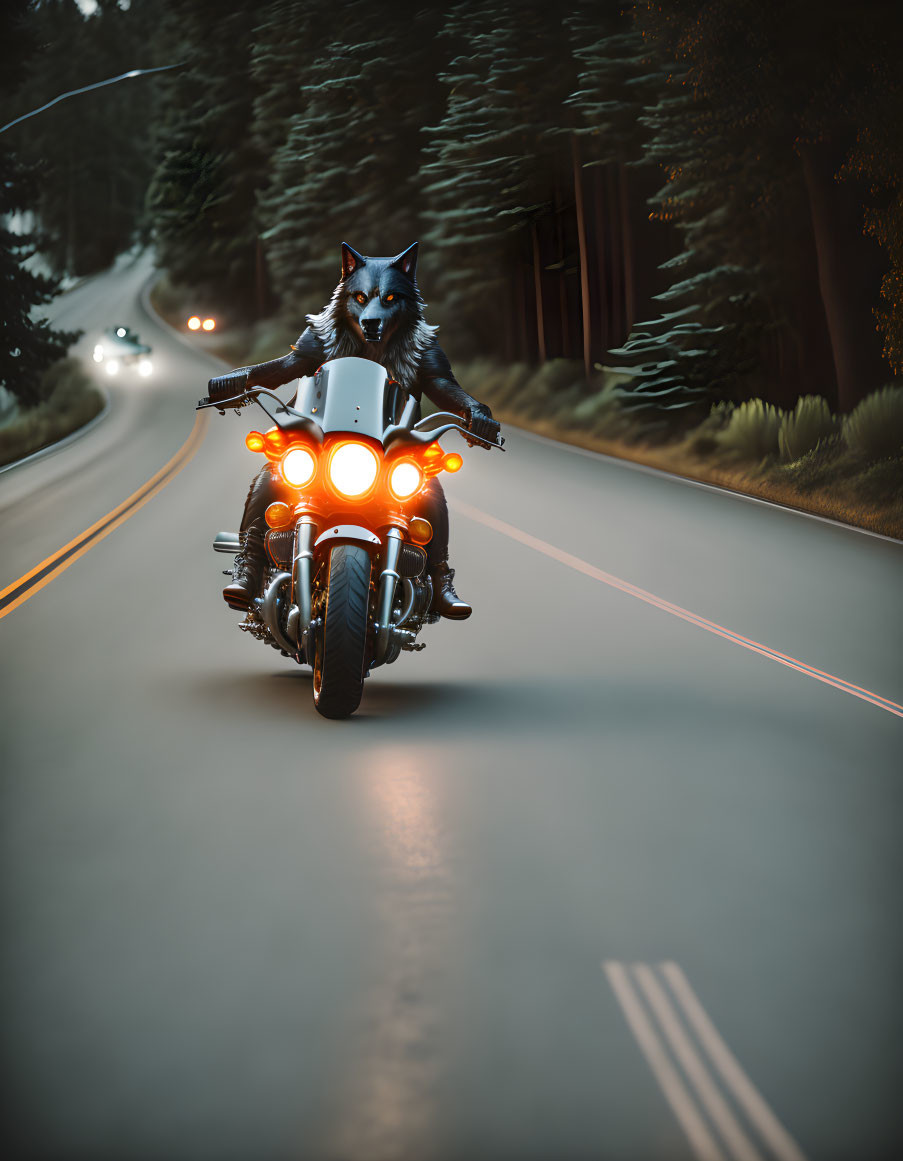 Wolf-headed humanoid on motorcycle rides forest road at dusk