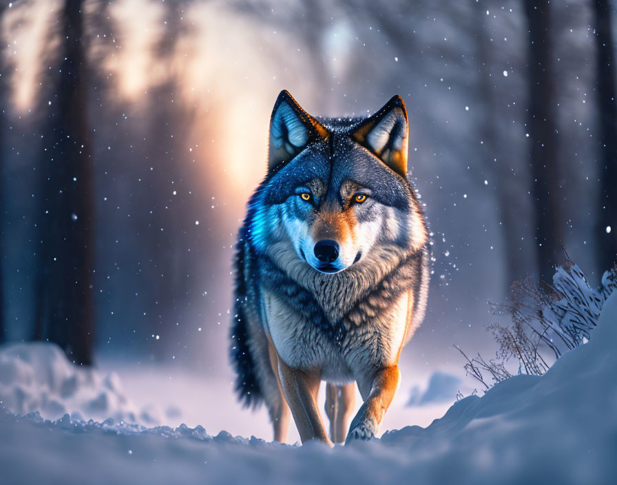 Majestic wolf in snowy forest at dusk with sunlight filtering through trees