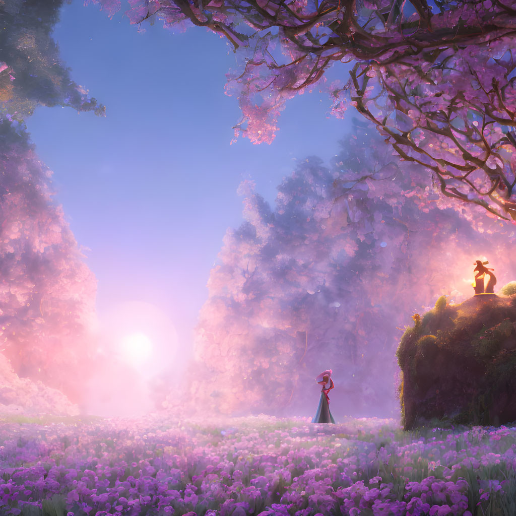 Tranquil fantasy landscape with sun, cherry blossoms, purple flowers, and silhouetted