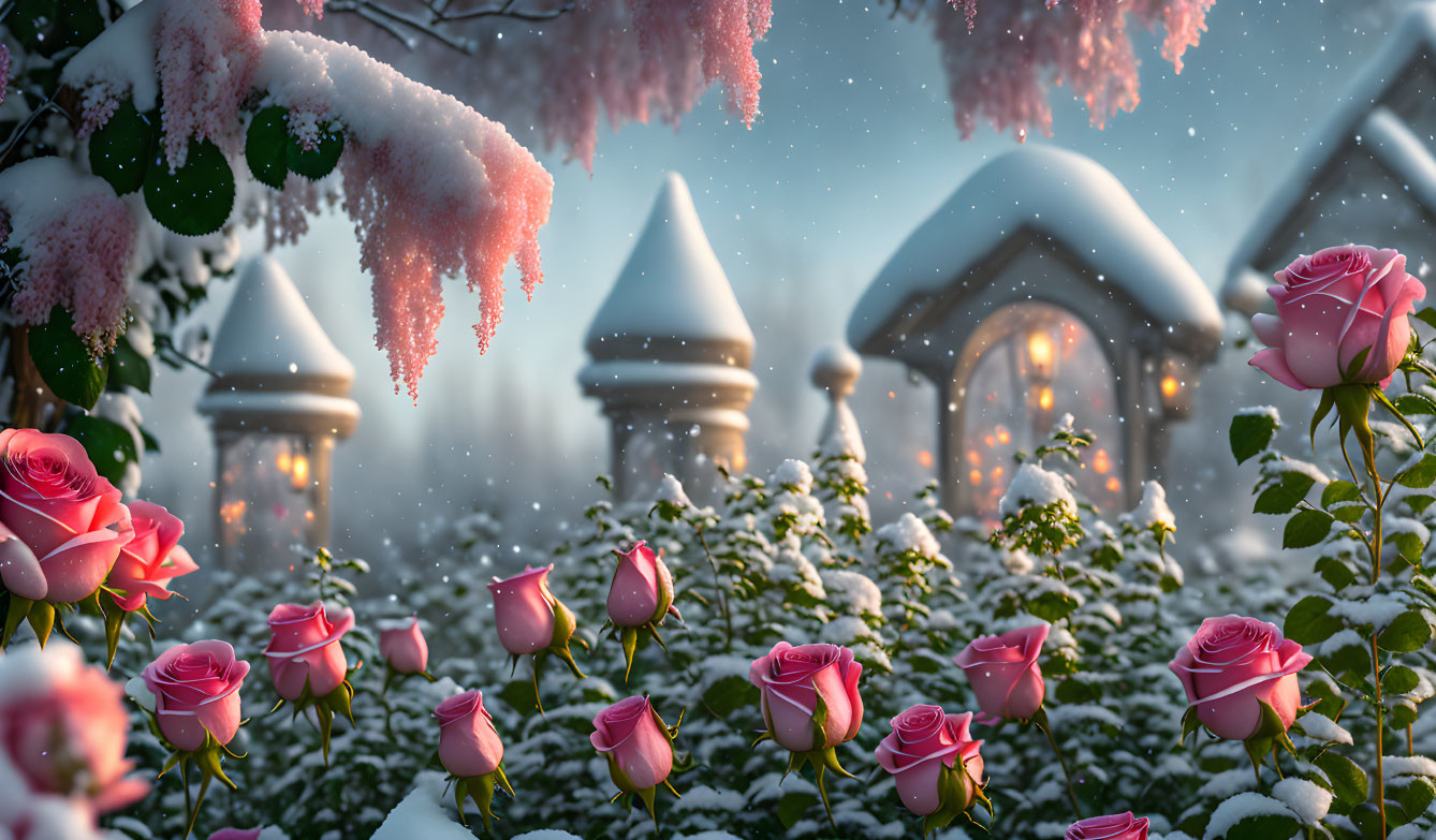 Snow-covered winter scene with pink roses and illuminated houses