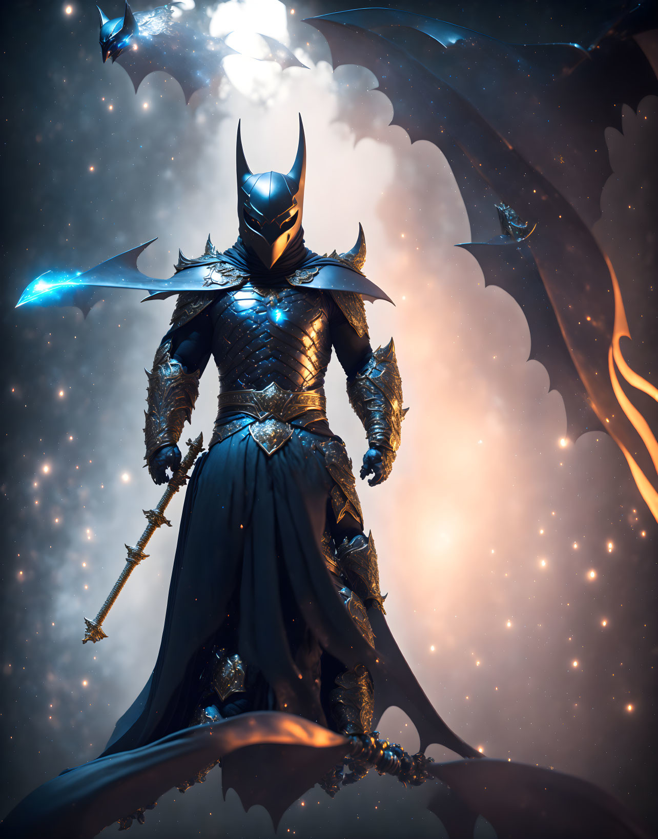 Majestic figure in dark armor with bat-like wings holding golden-hilted sword