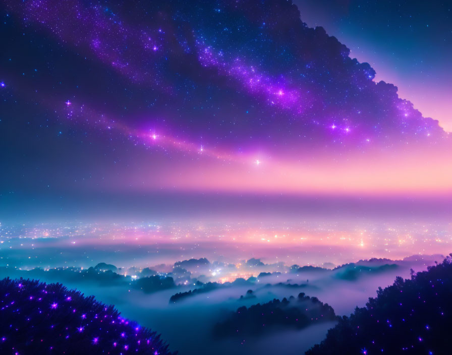 Starry night sky over misty landscape with glowing lights