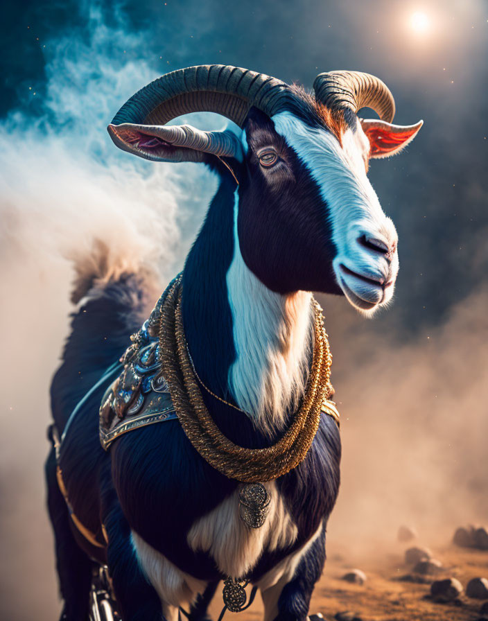 Majestic goat with large horns in cosmic sky