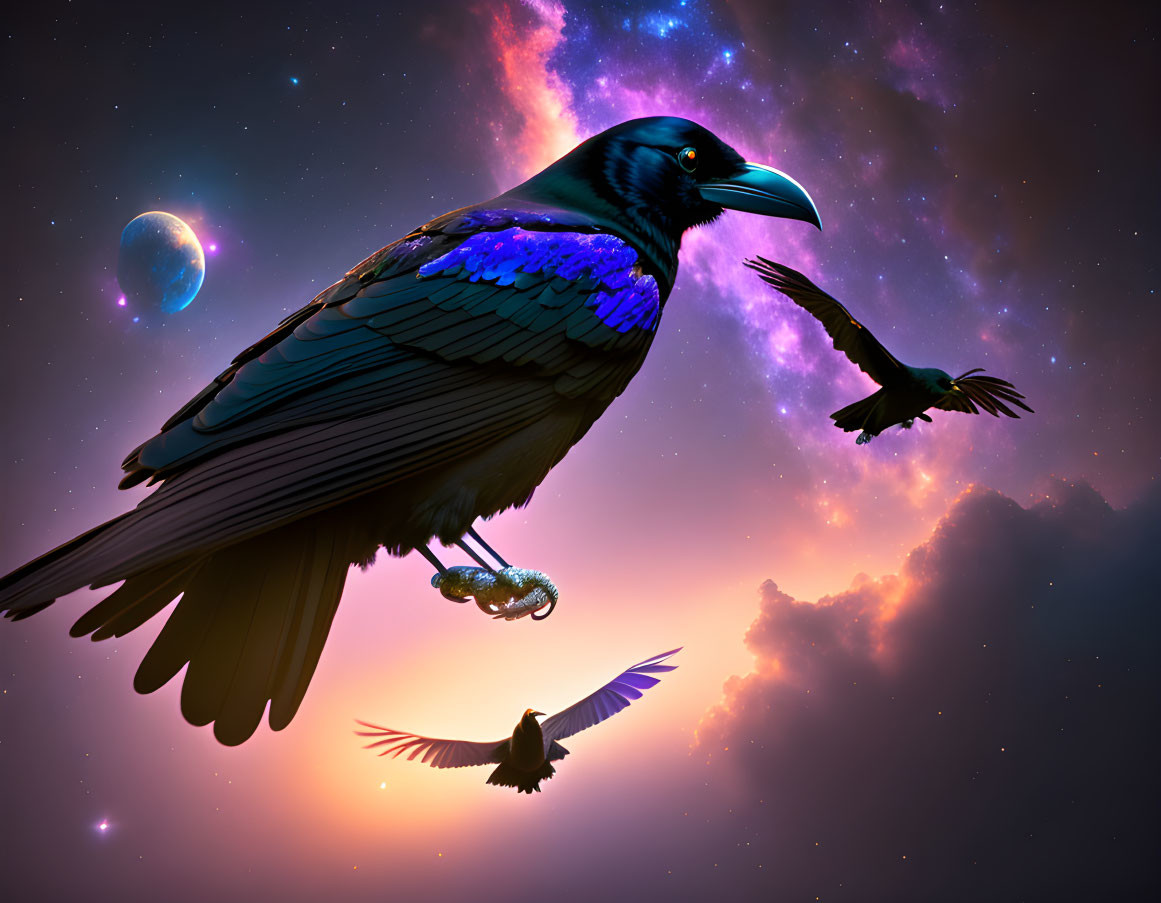 Colorful digital artwork of three crows in cosmic sky