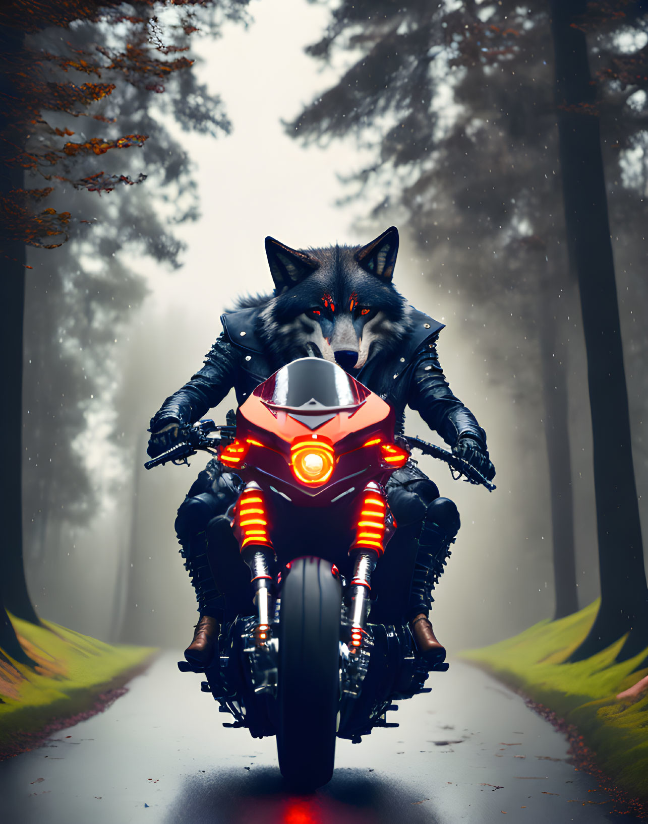 Wolf-headed humanoid on futuristic motorcycle in misty forest