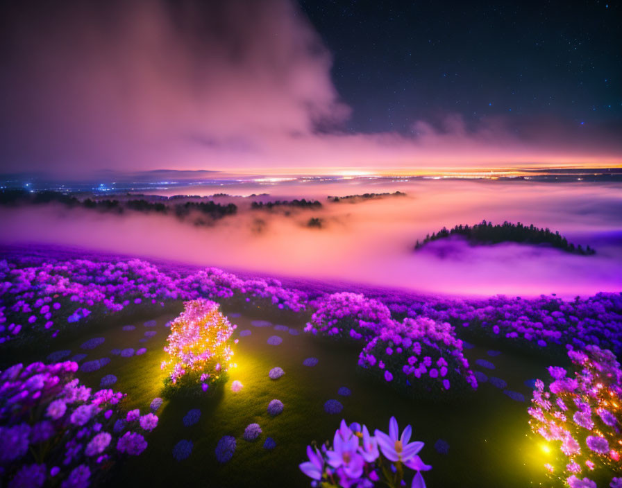 Starry night landscape with purple flowers, illuminated pathways, and city lights under foggy skies