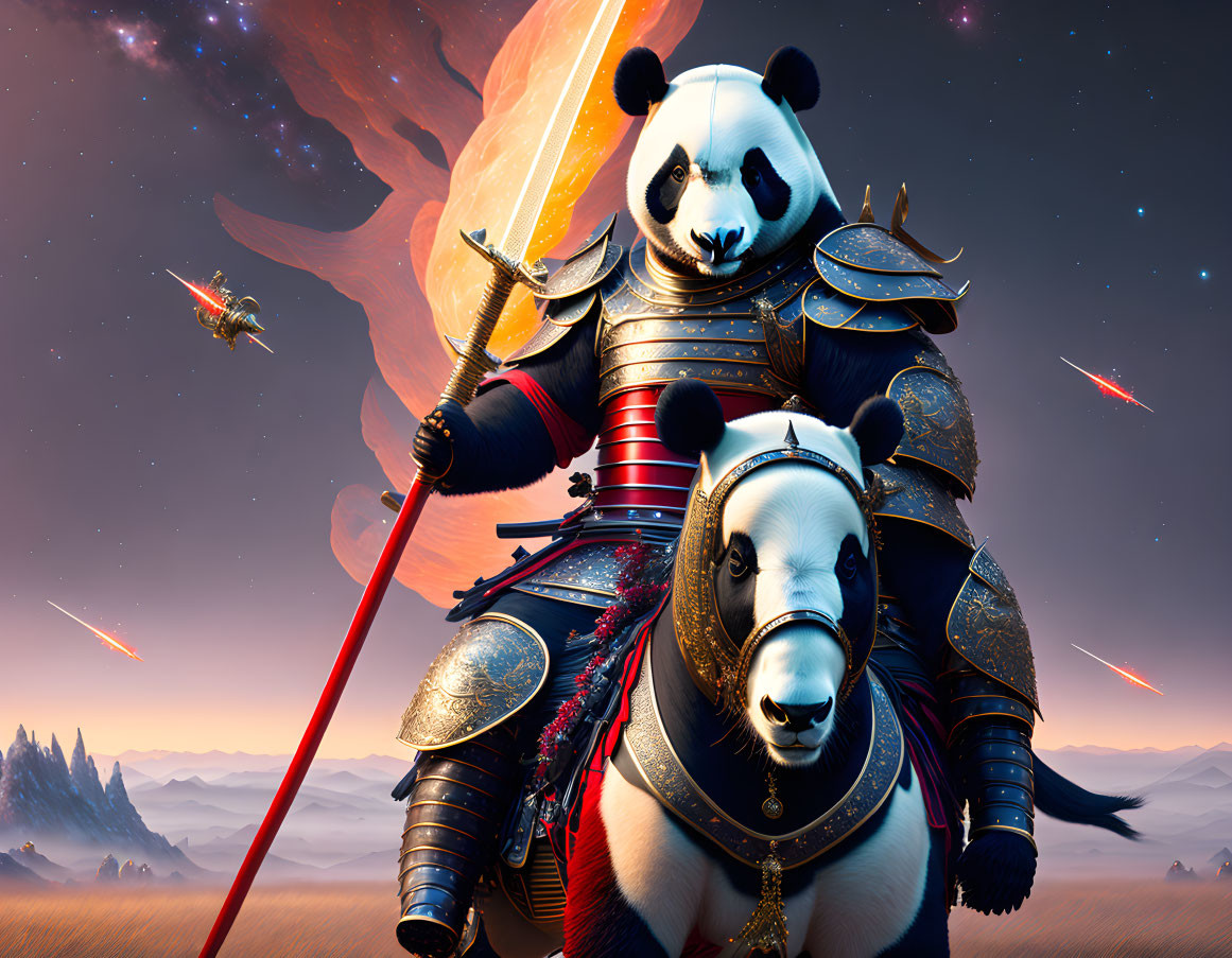 Armored panda warrior with spear beside horse in cosmic scene