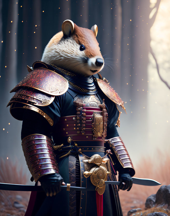 Anthropomorphic chipmunk in samurai armor with katana in mystical forest