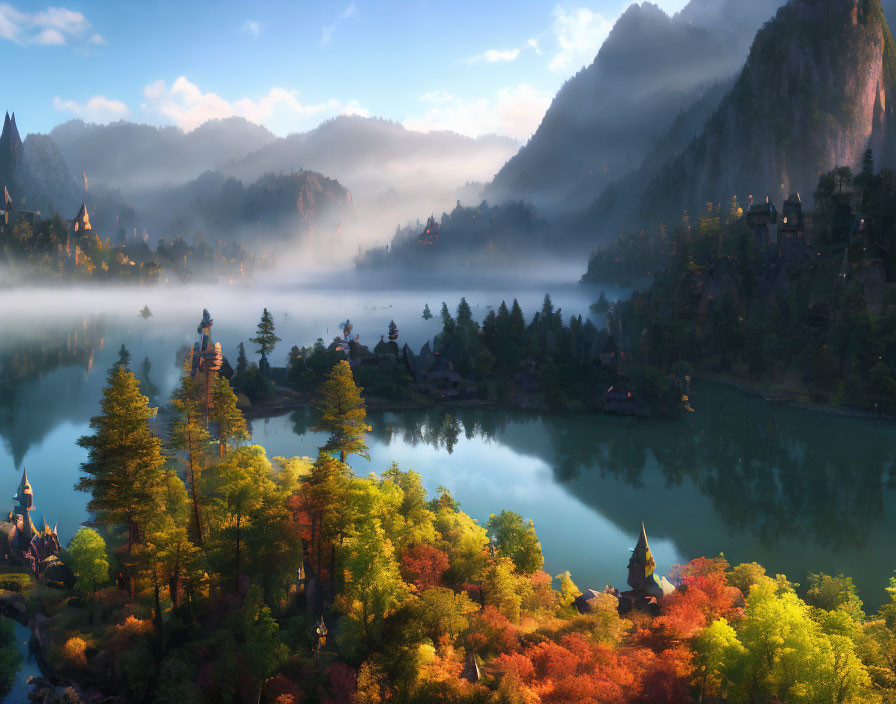 Autumnal forest, European village, mountains, and clear sky by misty lake