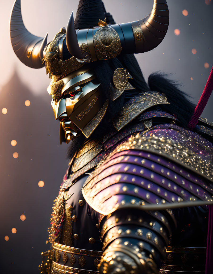 Illustrated warrior in ornate armor with horned helmet and mask, set against bokeh light backdrop