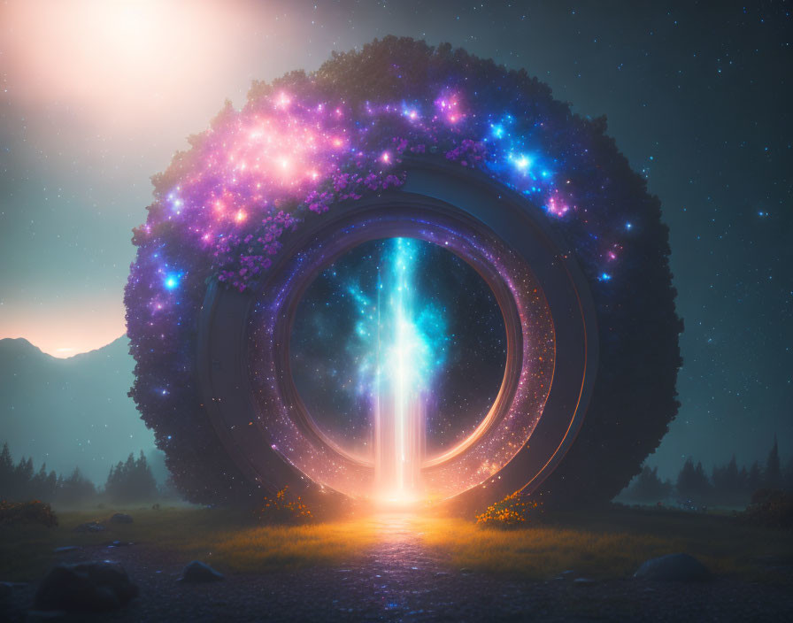 Vibrant cosmic energy portal with flowers opening to serene dusk landscape