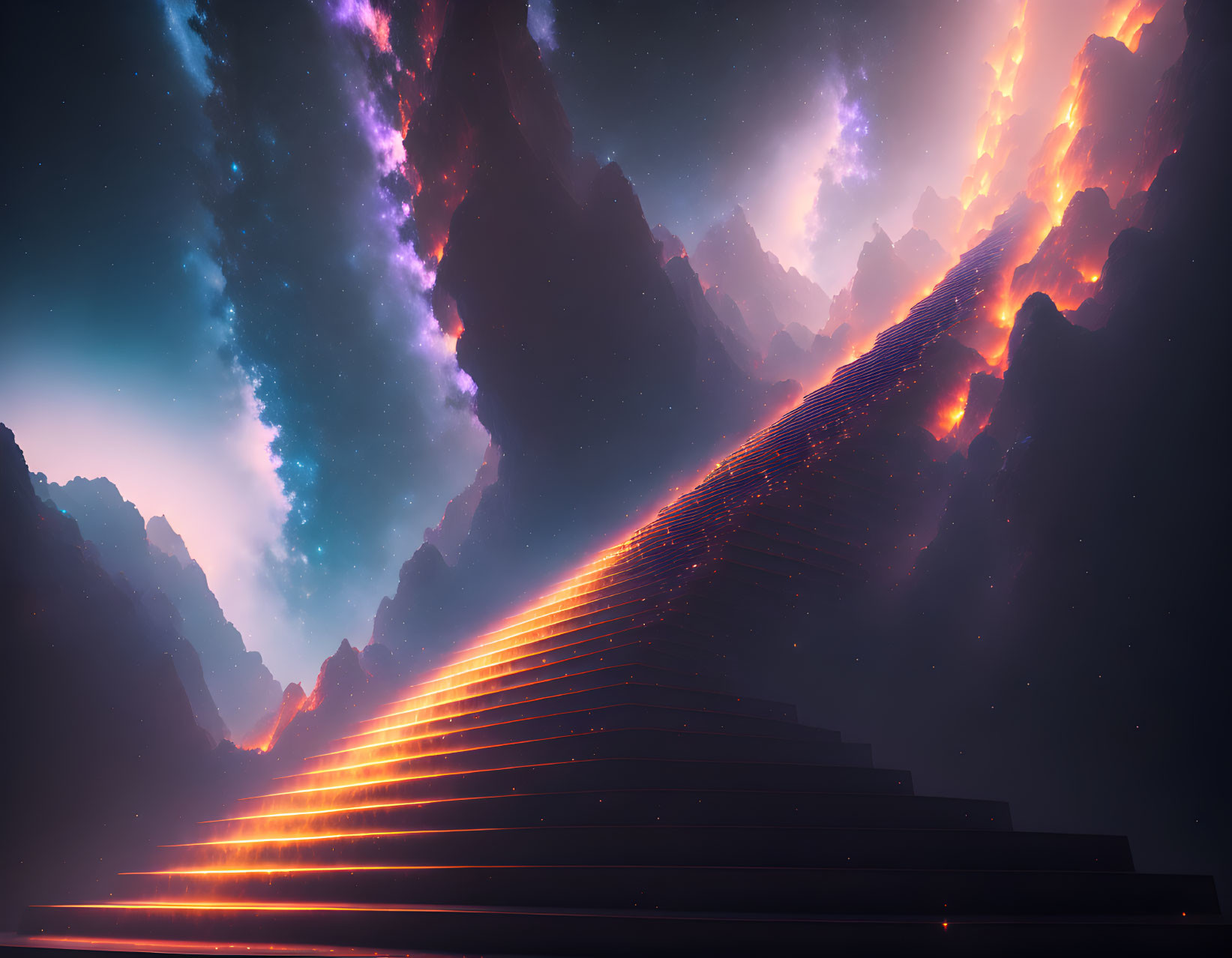 Mystical landscape with glowing lava, celestial sky, staircase, dark mountains, and bright light.