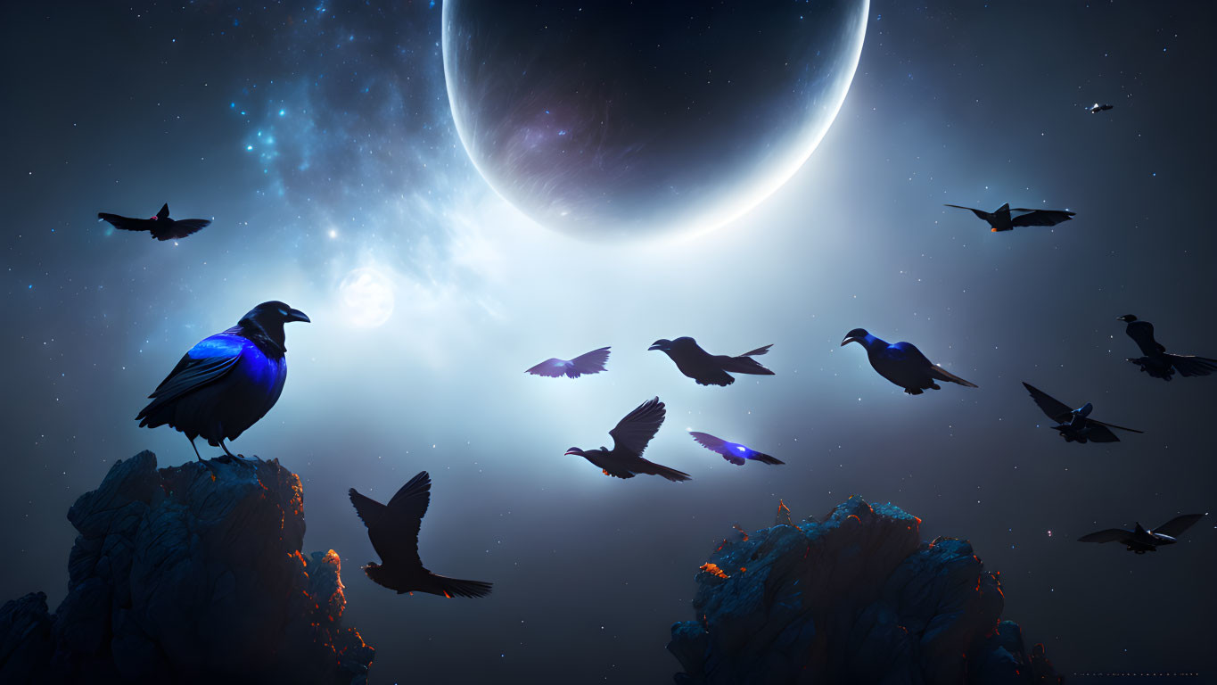 Surreal night sky with large planet, stars, and silhouetted birds flying around ir