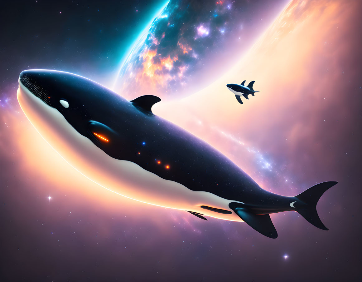 Whale swimming in space with colorful nebula and spaceship