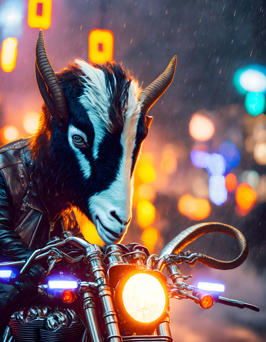 Person in goat mask riding motorcycle at night with neon lights and rain