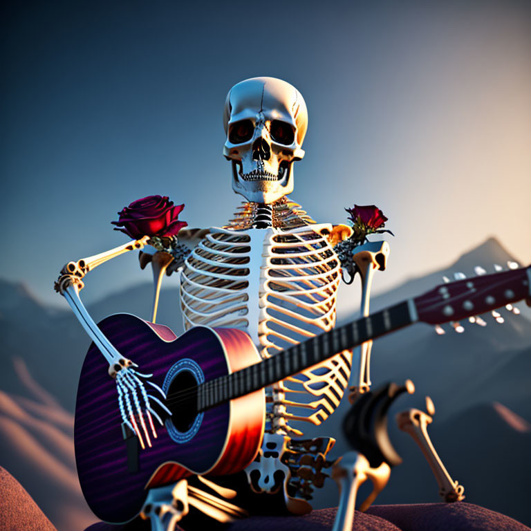 Skeleton with red rose and guitar against sunset mountains