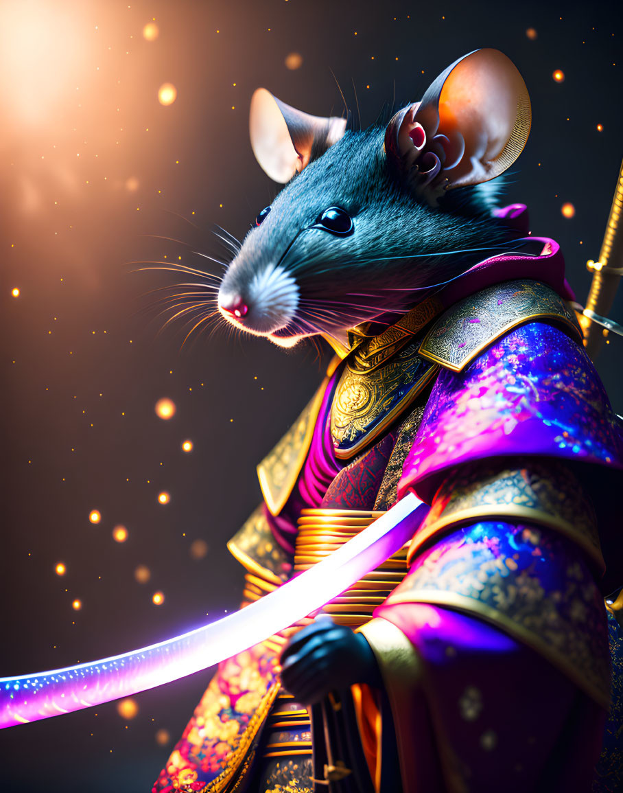 Anthropomorphic samurai mouse with glowing sword in detailed armor