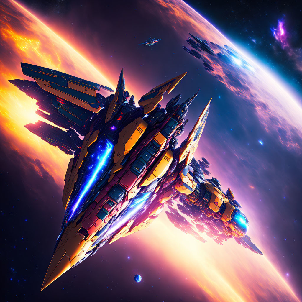 Vibrant cosmic landscape with futuristic spaceships