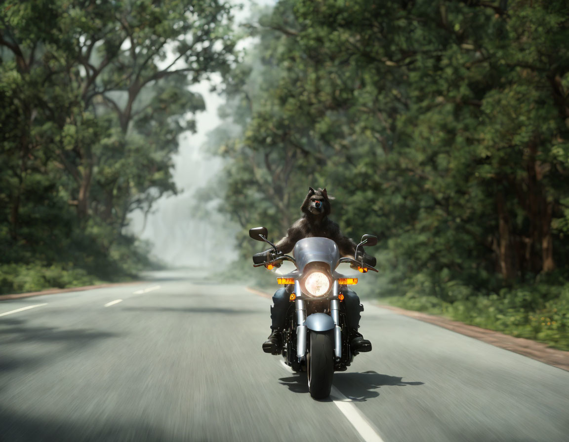 Person in bear costume rides motorcycle through forest-lined road