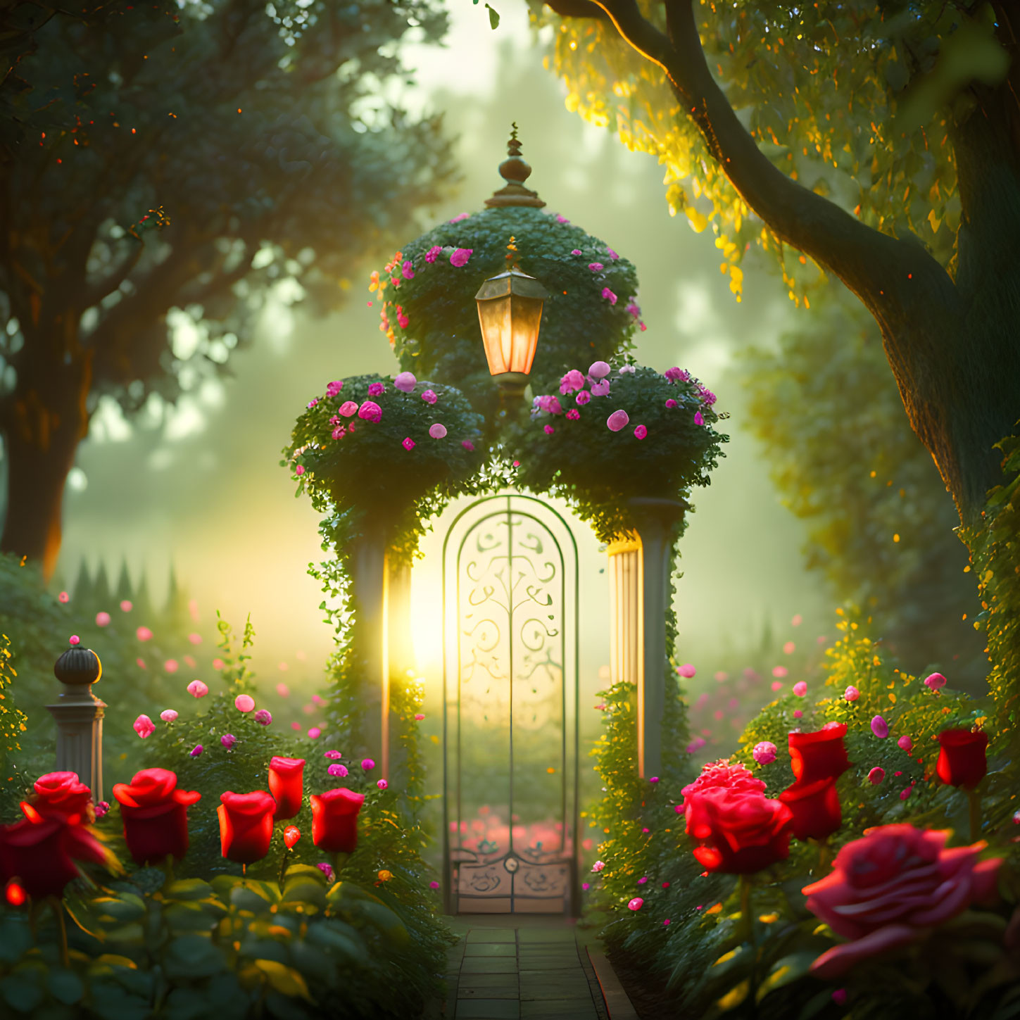 Lush Garden Gateway with Red Roses and Lit Lantern