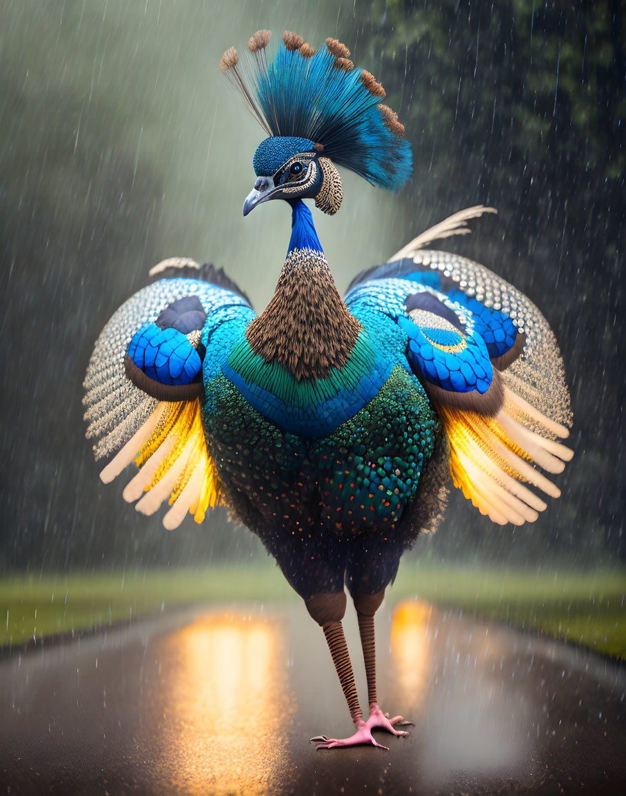 Colorful peacock showcasing feathers on wet road in rain