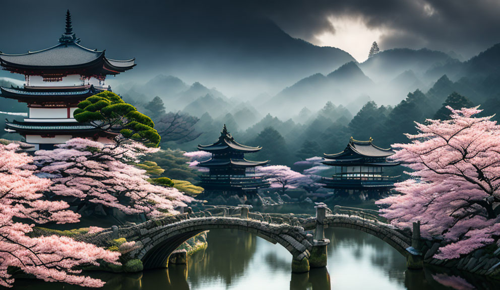 Traditional Japanese architecture with stone bridge and cherry blossoms in misty mountain setting