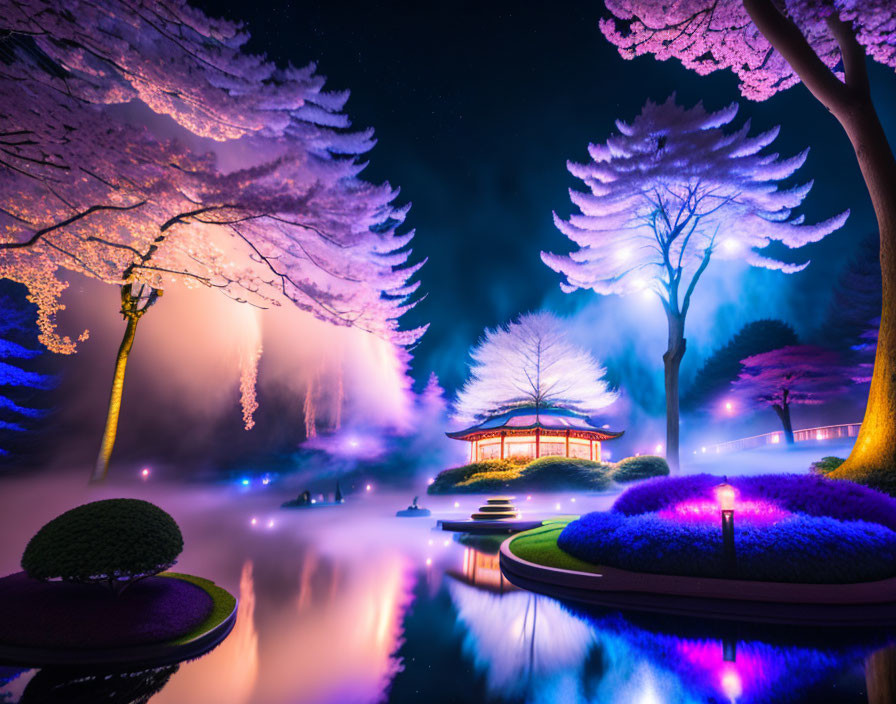 Tranquil Night Landscape with Cherry Blossoms, Pond, Gazebo, and Fog