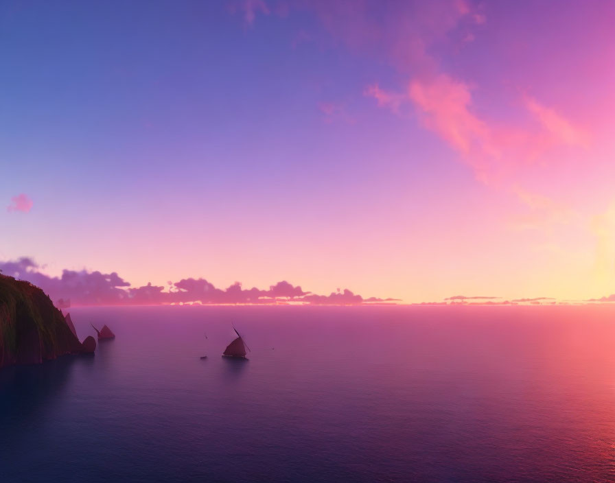 Tranquil sunset seascape with purple skies, sailboats, and gentle coastline