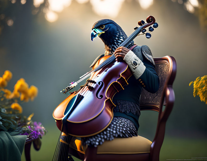 Anthropomorphic eagle in suit playing cello among flowers