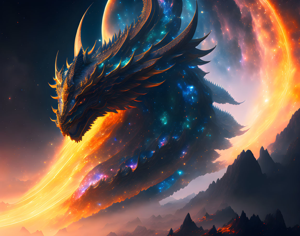 Majestic cosmic dragon soaring through star-filled sky with fiery energy trail amid nebulae and astr